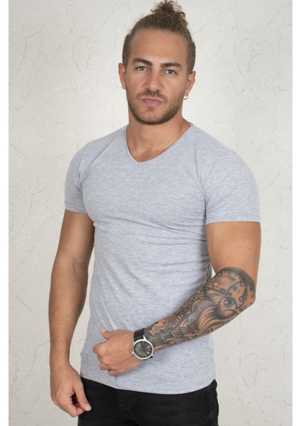 Gri V Yakalı Likralı Dar Kesim Erkek Tshirt 1801165 modelleri