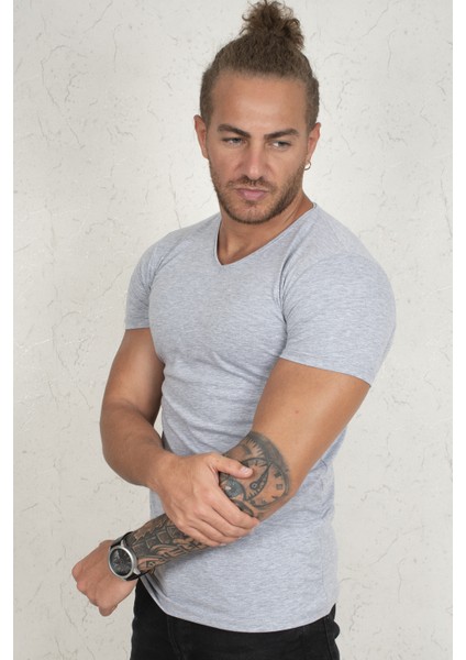 Gri V Yakalı Likralı Dar Kesim Erkek Tshirt 1801165 fırsatları