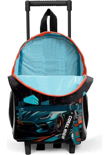 Minik Yuva Çekçekli Sırt Çantası Siyah Nefti Yarış Arabası Desenli Iki Bölmeli 24065 modelleri