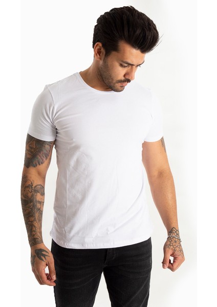 Beyaz Erkek/Unisex Slim Fit Dar Kesim Bisiklet Yaka Pamuklu Likralı Basic Tişört 1801131 fiyatları