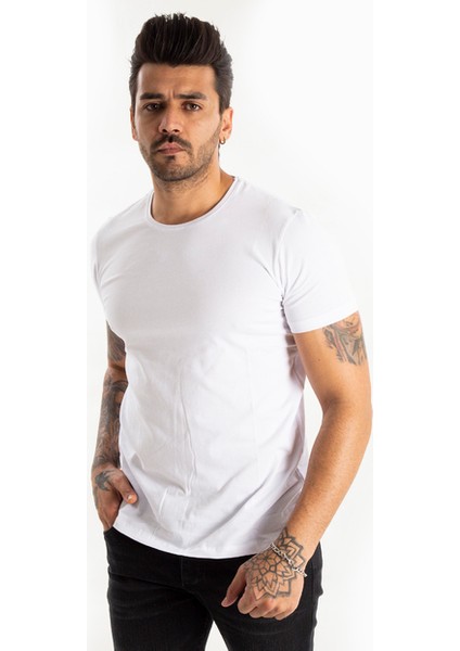 Beyaz Erkek/Unisex Slim Fit Dar Kesim Bisiklet Yaka Pamuklu Likralı Basic Tişört 1801131 modelleri