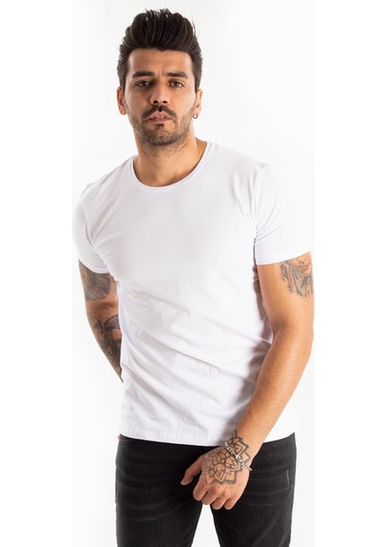 Beyaz Erkek/Unisex Slim Fit Dar Kesim Bisiklet Yaka Pamuklu Likralı Basic Tişört 1801131 indirimleri