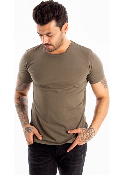 Haki Erkek/Unisex Slim Fit Dar Kesim Bisiklet Yaka Pamuklu Likralı Basic Tişört 1801131