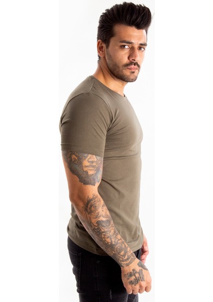 Haki Erkek/Unisex Slim Fit Dar Kesim Bisiklet Yaka Pamuklu Likralı Basic Tişört 1801131 fiyatları