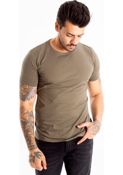 Haki Erkek/Unisex Slim Fit Dar Kesim Bisiklet Yaka Pamuklu Likralı Basic Tişört 1801131 fırsatları