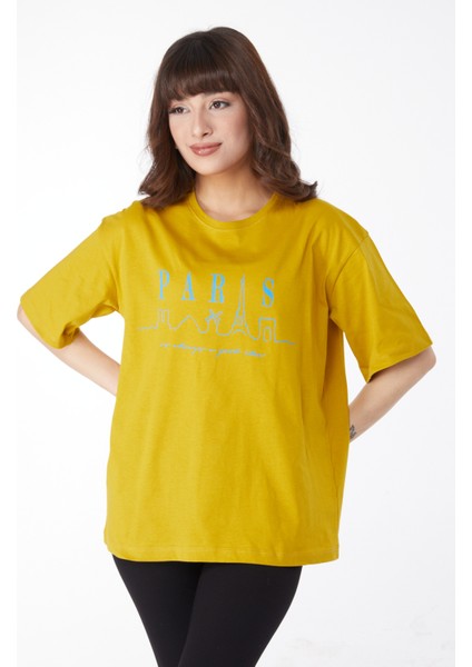 Düz Bisiklet Yaka Kadın Yeşil Baskılı T-Shirt - 25170