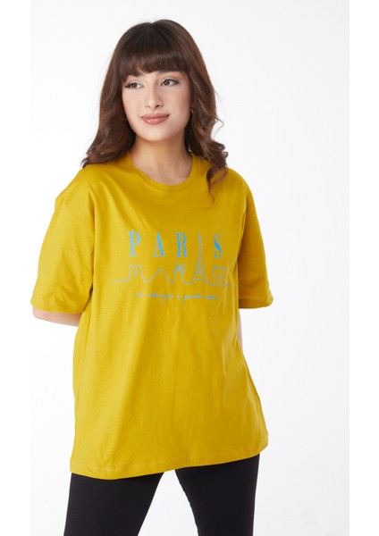 Düz Bisiklet Yaka Kadın Yeşil Baskılı T-Shirt - 25170