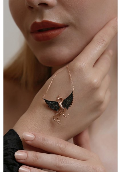 Zirkon Anka Kuşu Rose Kadın Kolye 925 Ayar Gerçek Gümüş Siyah Kübik Zirkon Phoneix modelleri