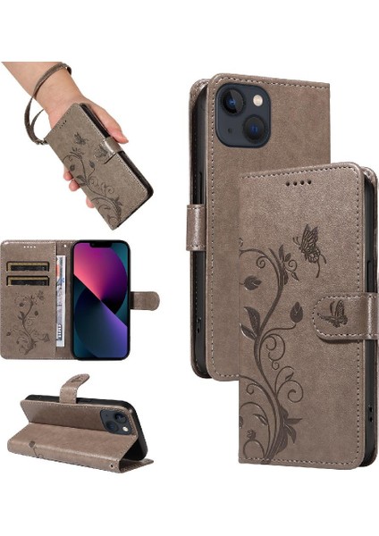 IPhone 14 Için Kılıf El Kayışı ile Yüksek Kaliteli Deri Kabartmalı Kelebek (Yurt Dışından)