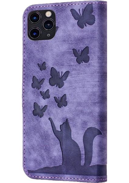 IPhone 11 Için Kılıf Pro Max Kart Cep Kabartmalı Kelebek Kedi Flip Folio (Yurt Dışından)