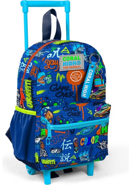 Minik Yuva Çekçekli Sırt Çantası Saks Grafiti Desenli Iki Bölmeli 24067