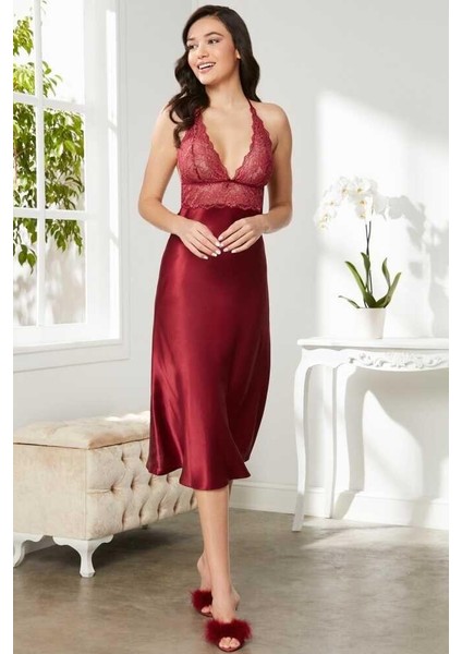 Saten Dantelli Gecelik 905 Bordo