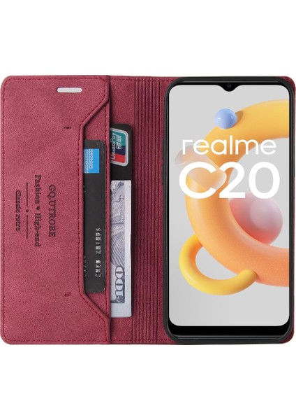 Realme C20 Kickstand Premium Deri Iki Kart Yuvaları Premium Için Kılıf (Yurt Dışından)