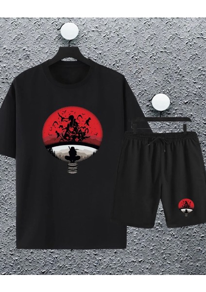 Büyük Beden Özel Tasarım Japon Savaşçı Baskılı Oversize Dış Mekan Erkek T-Shırt Şort Takımı