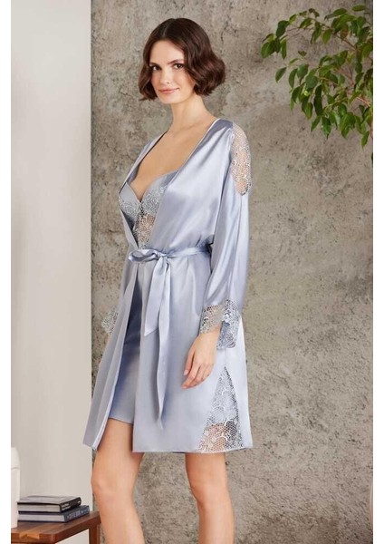 Saten Gecelik Sabahlık Pijama Şort Takım 6'lı Çeyiz Seti 6000 Mist