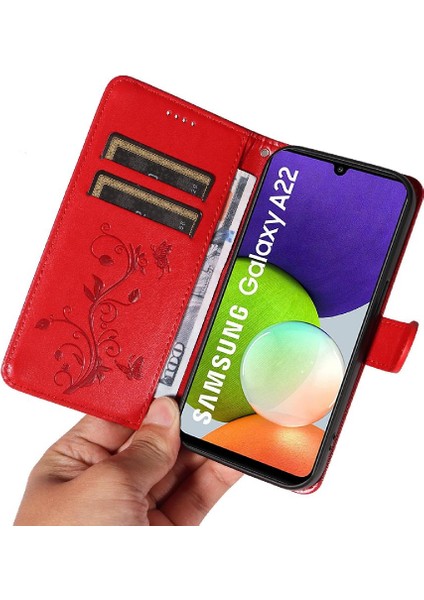 Samsung Galaxy A22 4g Için Kılıf El Kayışı Cüzdan Telefon Kılıfı ile Kabartmalı (Yurt Dışından)