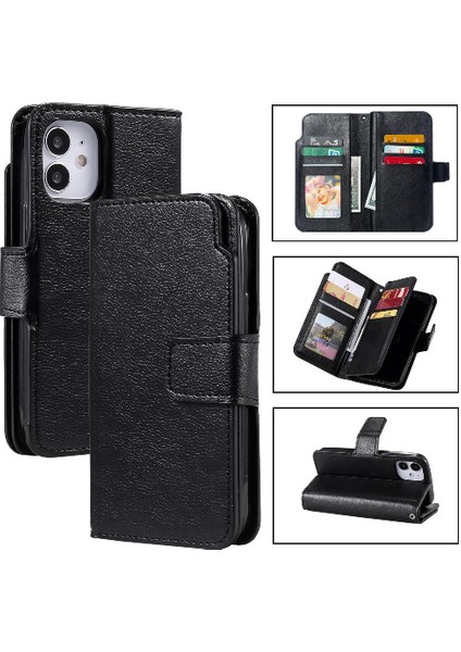 IPhone 12 Için Kılıf Mini Pu Deri Kickstand 9 Kart Yuvaları Manyetik Cüzdan (Yurt Dışından)