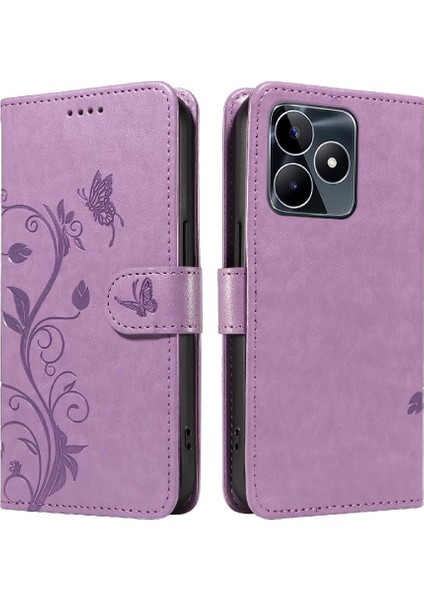 El Kayışı Cüzdan Telefon Kılıfı ile Realme C53 Kabartmalı Kelebek Için Kılıf (Yurt Dışından)