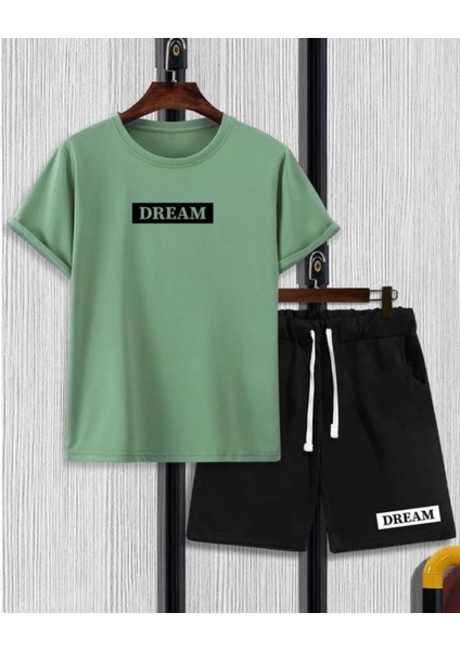 Büyük Beden Özel Tasarım Dream Baskılı Pamuk Oversize Yeni Stil Battal Erkek T-Shırt Şort Takımı