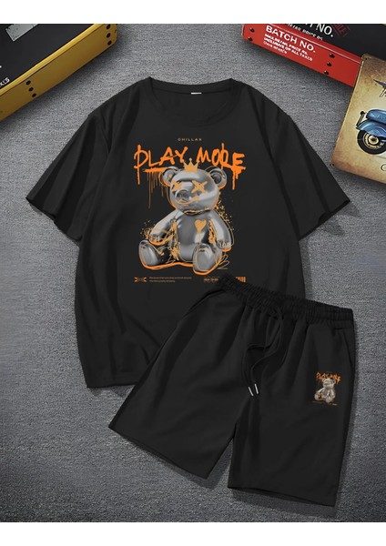 Büyük Beden Özel Tasarım Play More Baskılı Pamuk Süper Rahat Battal Erkek T-Shırt Şort Takımı