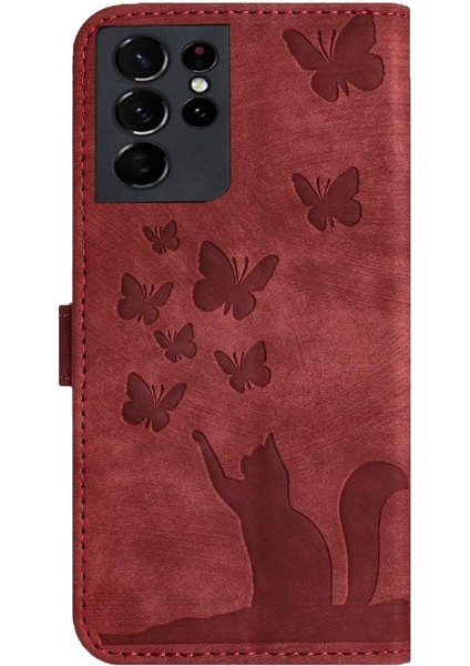 Samsung Galaxy S21 Ultra Flip Folio Tutucu Kapak Kabartmalı Kedi (Yurt Dışından)