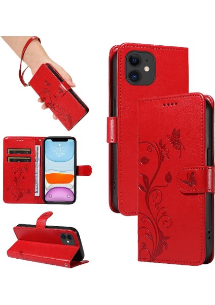 IPhone 11 Için Kılıf ve Kart Yuvası Yüksek Kaliteli Deri Kabartmalı Kelebek (Yurt Dışından)