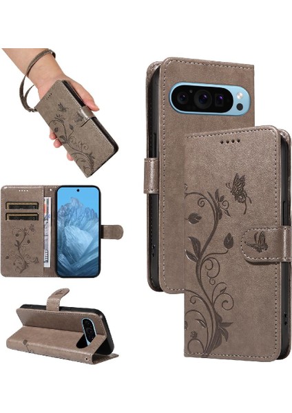 El Kayışı ile Google Piksel 9 5g Kabartmalı Kelebek Için Flip Case ve (Yurt Dışından)