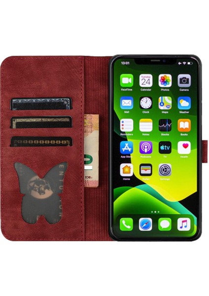 IPhone 11 Için Kılıf Pro Max Kart Cep Kabartmalı Kelebek Kedi Flip Folio (Yurt Dışından)