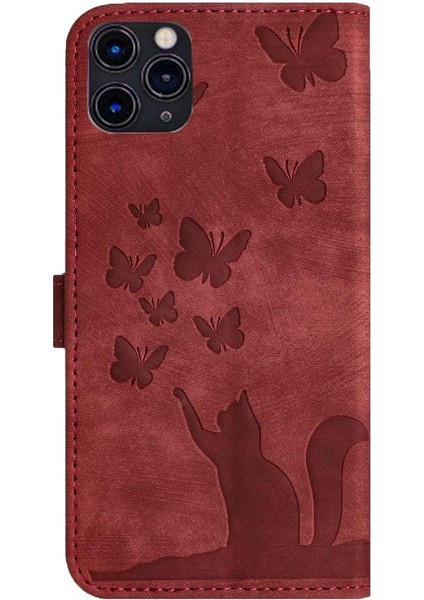 IPhone 11 Için Kılıf Pro Max Kart Cep Kabartmalı Kelebek Kedi Flip Folio (Yurt Dışından)