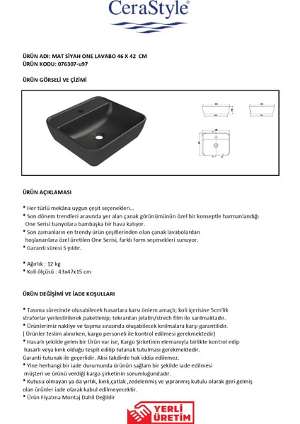 Mat Siyah One 46X42 cm Lavabo fiyatları