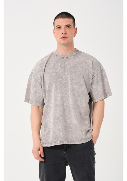 Erkek Bisiklet Yaka Oversize Yıkamalı T-Shirt