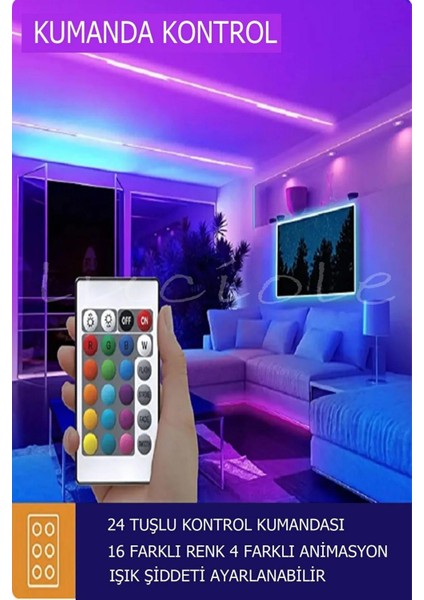 Rgb LED Tak Çalıştır 16 Renkli 4 Animasyonlu Tv Arkası LED Yatak Odası Bilgisayar 4metre LCSRT54