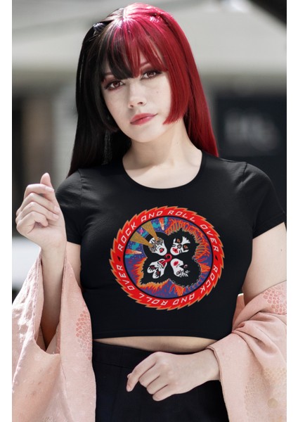 Fuddy Moda Kiss Rock And Roll Over Baskılı Crop Top, Kadın Simpsons Baskılı Crop Bluz