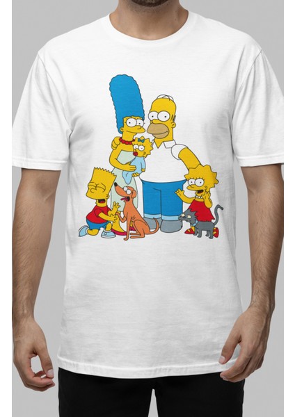 Mutlu Simpsons Ailesi Baskılı Tişört, Erkek-Kadın Simpsonslar Baskılı T-Shirt