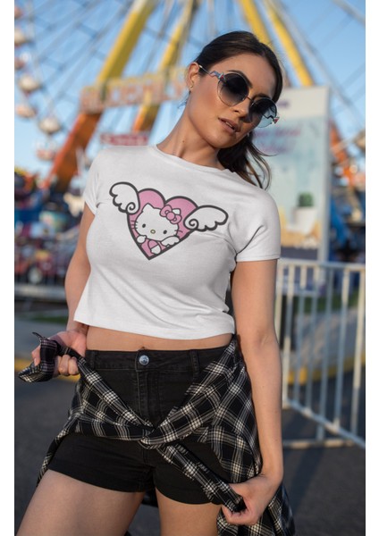 Melek Kanatlı Hello Kitty Baskılı Crop Top, Kadın Sevimli Hk Baskılı Crop Bluz