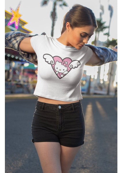 Melek Kanatlı Hello Kitty Baskılı Crop Top, Kadın Sevimli Hk Baskılı Crop Bluz