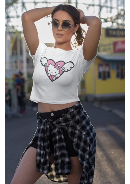Melek Kanatlı Hello Kitty Baskılı Crop Top, Kadın Sevimli Hk Baskılı Crop Bluz