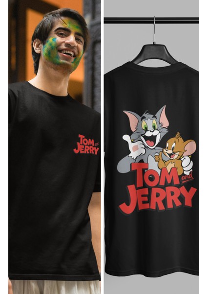 Sevimli Tom ve Jeryy Sırt Baskılı Tişört, Erkek-Kadın Çizgi Film Karakteri Baskılı T-Shirt