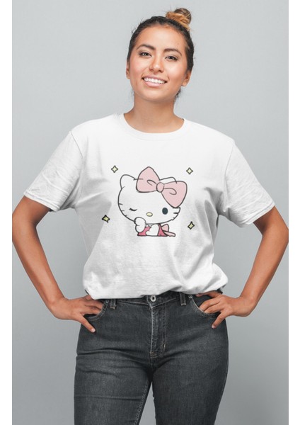 Göz Kırpan Hello Kitty Baskılı T-Shirt, Kadın Kawaii Hello Kitty Baskılı Tişört