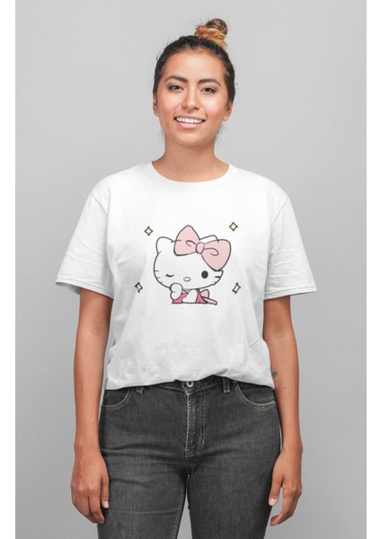 Göz Kırpan Hello Kitty Baskılı T-Shirt, Kadın Kawaii Hello Kitty Baskılı Tişört fiyatları