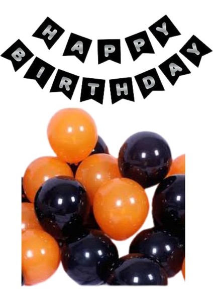 Siyah Karton Üzeri Gümüş Gri Yaldızlı Happy Birthday Yazılı Doğum Günü Partisi Yazı Banner Süs ve 20 Adet Turuncu ve Siyah Balon Süsleme Seti