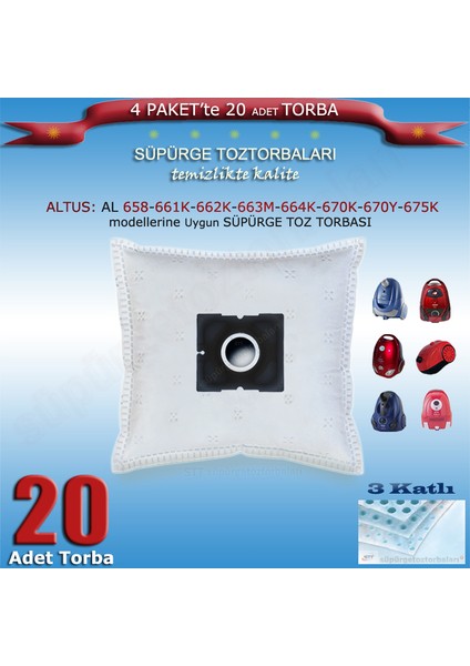 Altus Al 658-661K-662K-663M-664K-670K-670Y-675K Süpürge Toz Torbası 20 Torba 200120