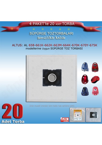 Altus Al 658-661K-662K-663M-664K-670K-670Y-675K Süpürge Toz Torbası 20 Torba 200120