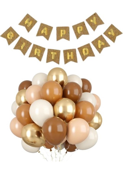 Kraft karton Üzeri Gold Altın Yaldızlı Happy Birthday Yazılı Doğum Günü Partisi Yazı Banner Süs ve 10 Adet (Bej,ten,kahverengi)Balon, 5 Adet Gold Kro