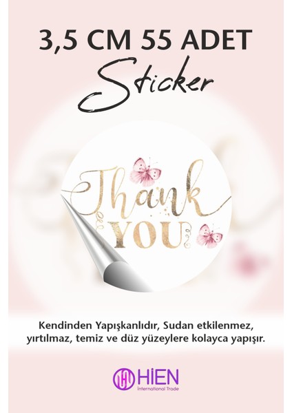 Kelebek Temalı Thank You Sticker 4 cm 70 Adet indirimleri