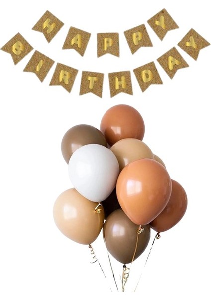 Kraft Karton Üzeri Gold Altın yaldızlı Happy Birthday Yazılı Doğum Günü Partisi Yazı Banner Süs ve 20 Adet (Ten,bej ,karamel ve Kahverengi) Balon Süsl