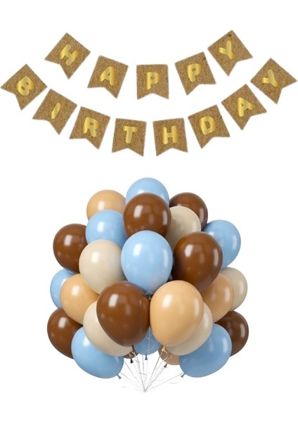 Kraft karton Üzeri Gold Altın Yaldızlı Happy Birthday Yazılı Doğum Günü Partisi Yazı Banner Süs ve 20 Adet (Mavi,bej,ten,kahverengi) Süsleme Seti