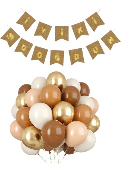 Kraft karton Üzeri Gold Altın Yaldızlı Iyiki Doğdun Yazılı Doğum Günü Partisi Yazı Banner Süs ve 10 Adet (Bej,ten,kahverengi)Balon, 5 Adet Gold Krom
