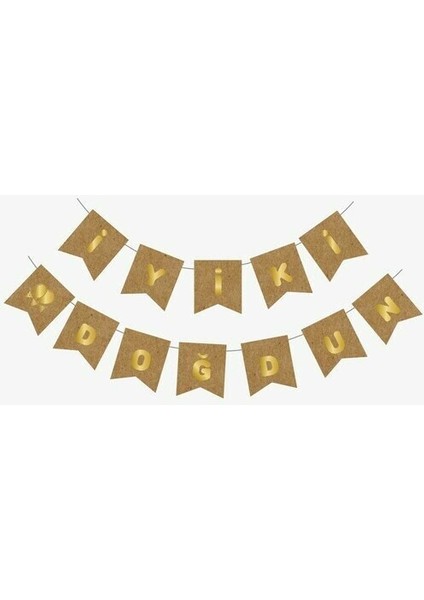 Kraft karton Üzeri Gold Altın Yaldızlı Iyiki Doğdun Yazılı Doğum Günü Partisi Yazı Banner Süs ve 10 Adet (Bej,ten,kahverengi)Balon, 5 Adet Gold Krom