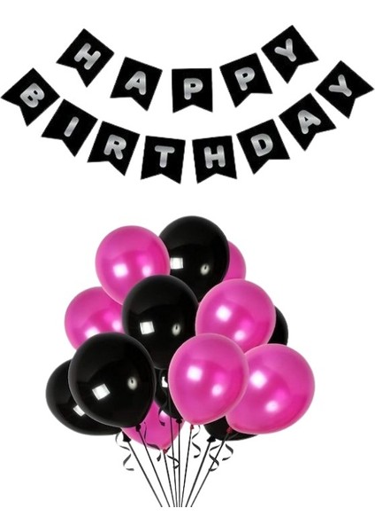 Siyah Karton Üzeri Gümüş Gri Yaldızlı Happy Birthday Yazılı Doğum Günü Partisi Yazı Banner Süs ve 20 Adet (Siyah ve Fuşya,) Balon Süsleme Seti
